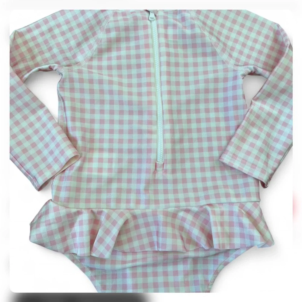 Ralph Lauren pink gingham checkered swimsuit rashguard one piece swim l #preppy